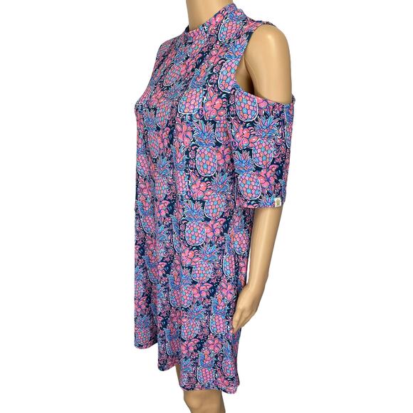 2/$15 Simply Southern Pineapple Print Cold Shoulder Dress Pockets Size M - Picture 4 of 11